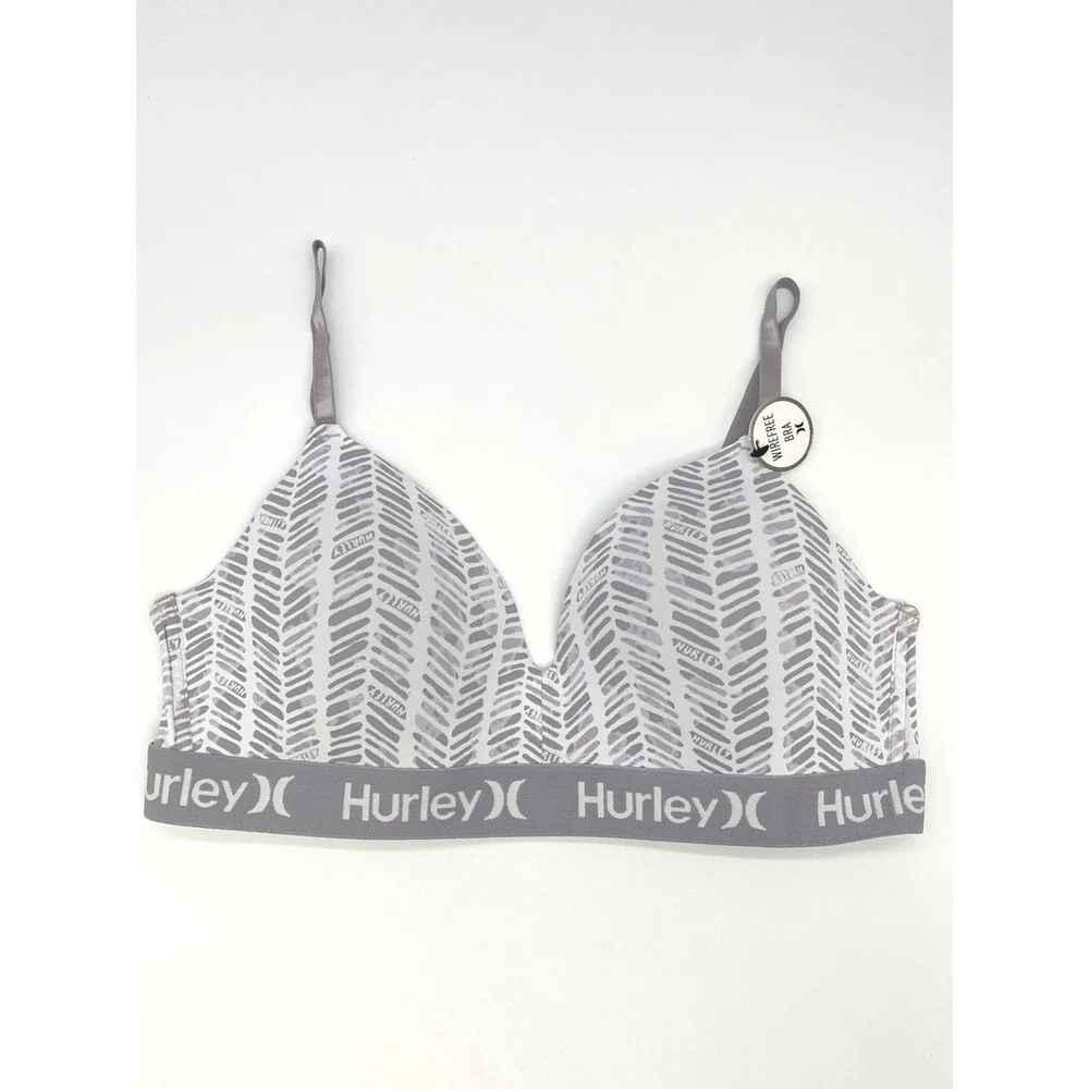 Hurley Wirefree Bra Women 34C Stretch Herringbone Logo Sporty Coastal Beach